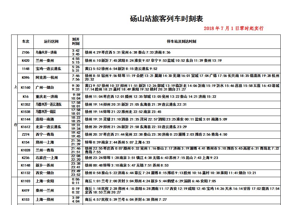 砀山最新列车时刻表